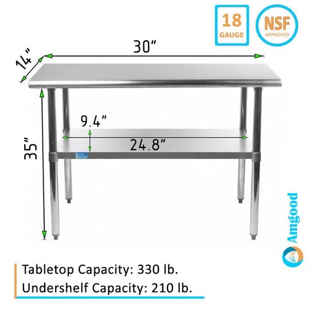 Amgood Stainless Steel Metal Table with Undershelf, 30 Long X 14 Deep AMG WT-1430